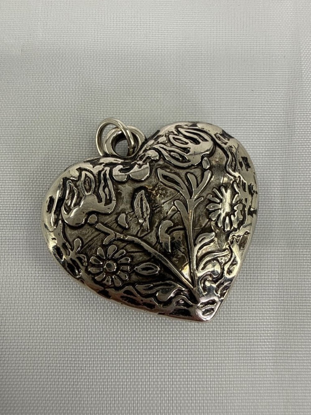 Vtg Silver Tone Puffy Heart Pendant Ornate Embossed Floral Boho Charm Large